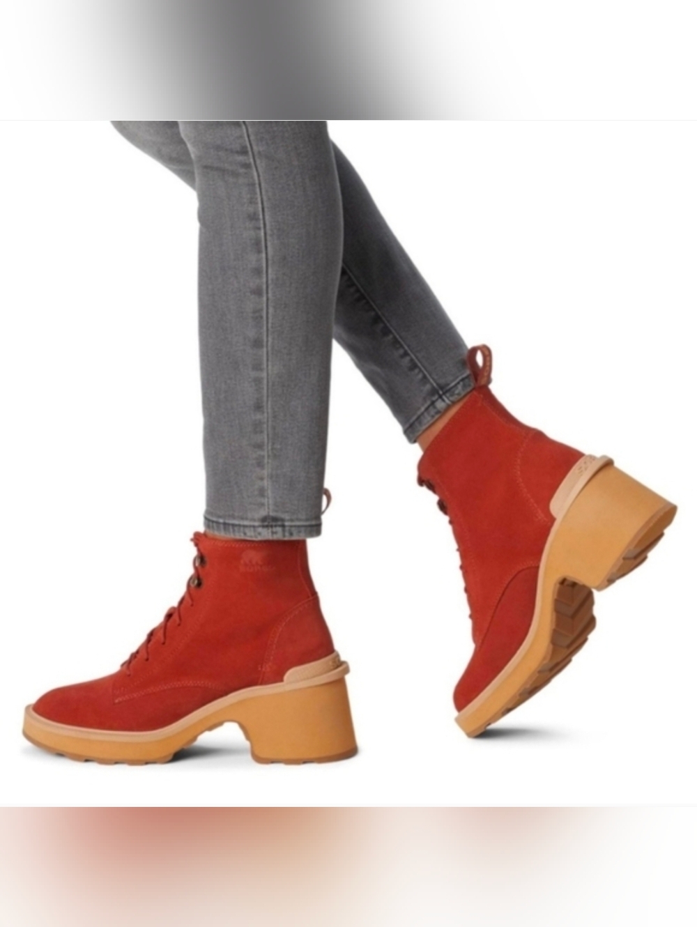 Sorel Hi-Line Waterproof Red Suede Lace-Up Chunky Heel Boots